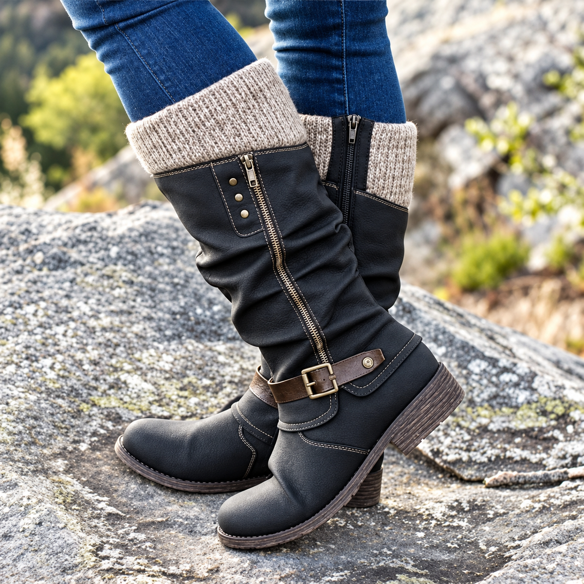 🔥 LETZTER TAG – 80 % RABATT - Damen Winterstiefel mit orthopädischer Unterstützung, Strickkragen & warmer Wollfütterung